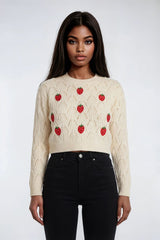Embroidered Strawberry Cropped Pointelle Sweater | Forever 21 Women