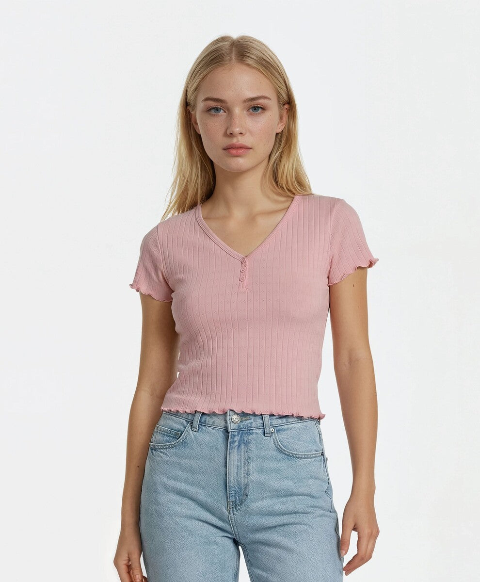 Ribbed Lettuce-Edge Henley Tee | Forever 21 Women