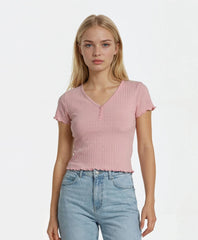 Ribbed Lettuce-Edge Henley Tee | Forever 21 Women