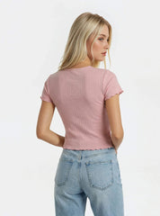 Ribbed Lettuce-Edge Henley Tee | Forever 21 Women
