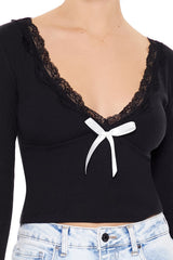 Lace-Trim Plunging Bow Crop Top | Forever 21 Women