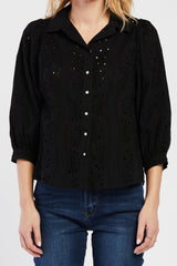 Teehan 3/4 Puff Sleeve Button Down Eyelet Shirt | Forever 21 Women