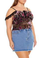 Plus Size Eyelash Lace-Trim Floral Crop Top | Forever 21 US