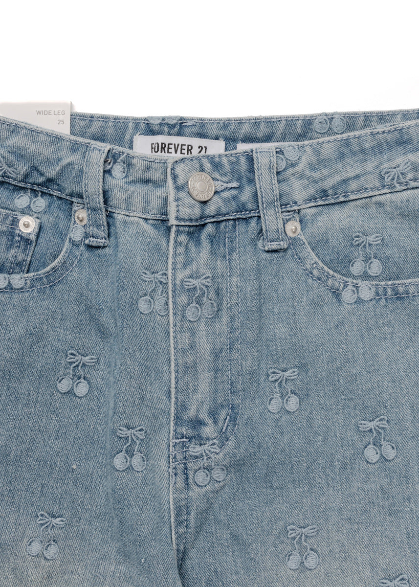 Cherry Embroidered Wide-Leg Jeans | Forever 21 Women