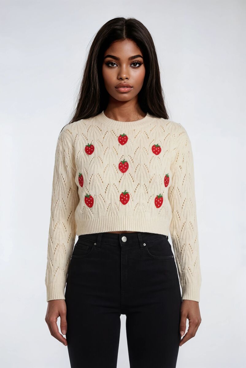 Embroidered Strawberry Cropped Pointelle Sweater | Forever 21 Women