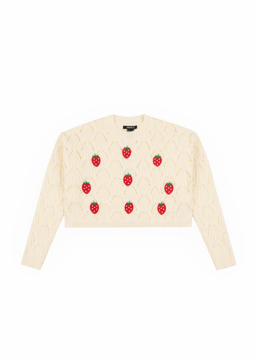Embroidered Strawberry Cropped Pointelle Sweater | Forever 21 Women