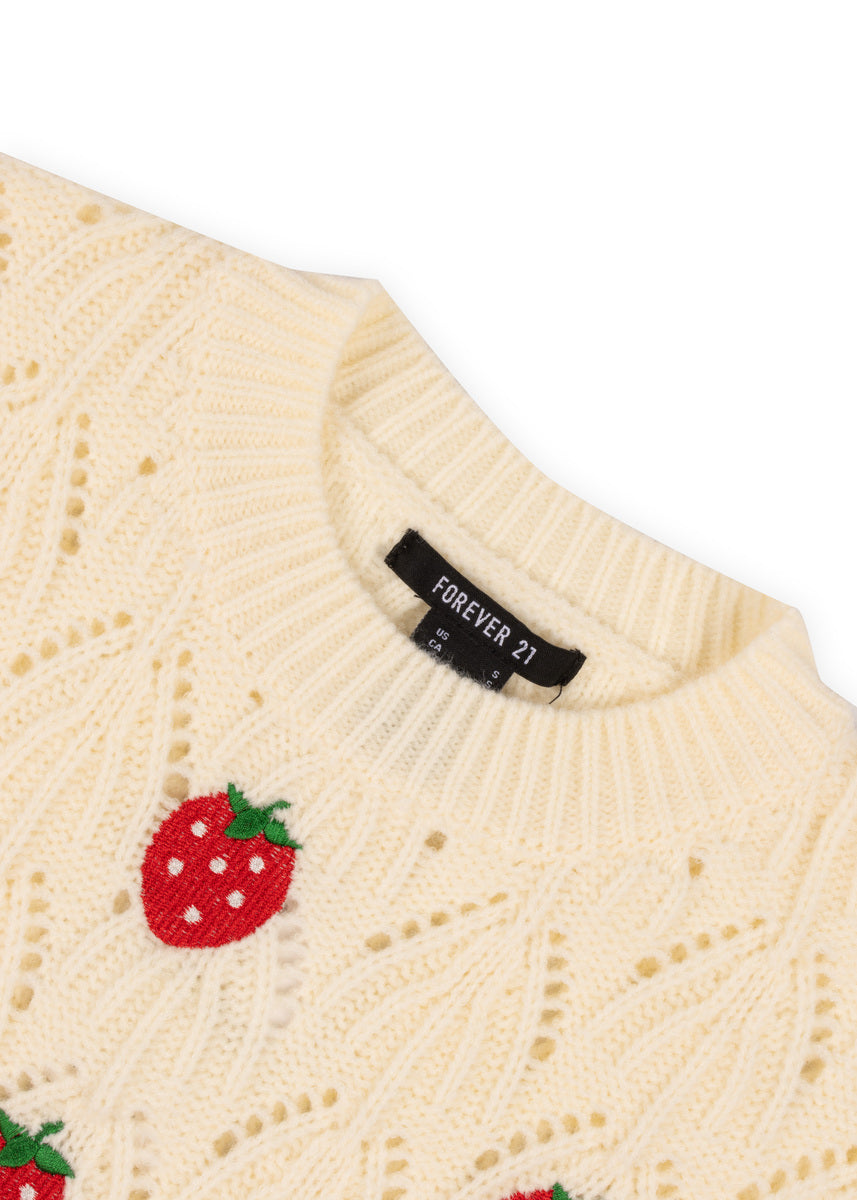 Embroidered Strawberry Cropped Pointelle Sweater | Forever 21 Women