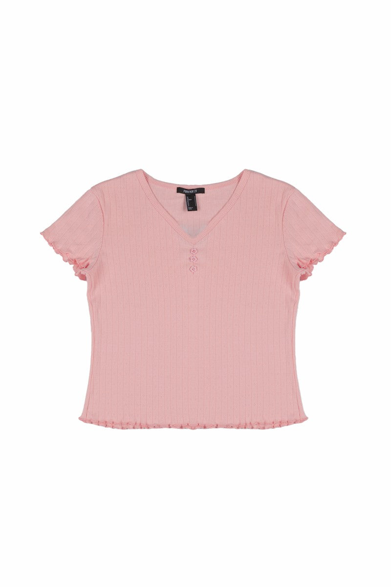 Ribbed Lettuce-Edge Henley Tee | Forever 21 Women