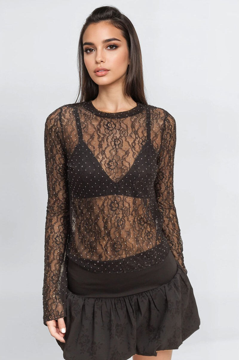 Studded Sheer Lace Long-Sleeve Top | Forever 21 Women