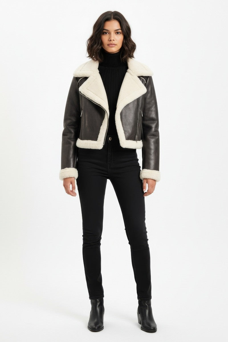Cropped Faux Leather & Shearling Moto Jacket | Forever 21 Women