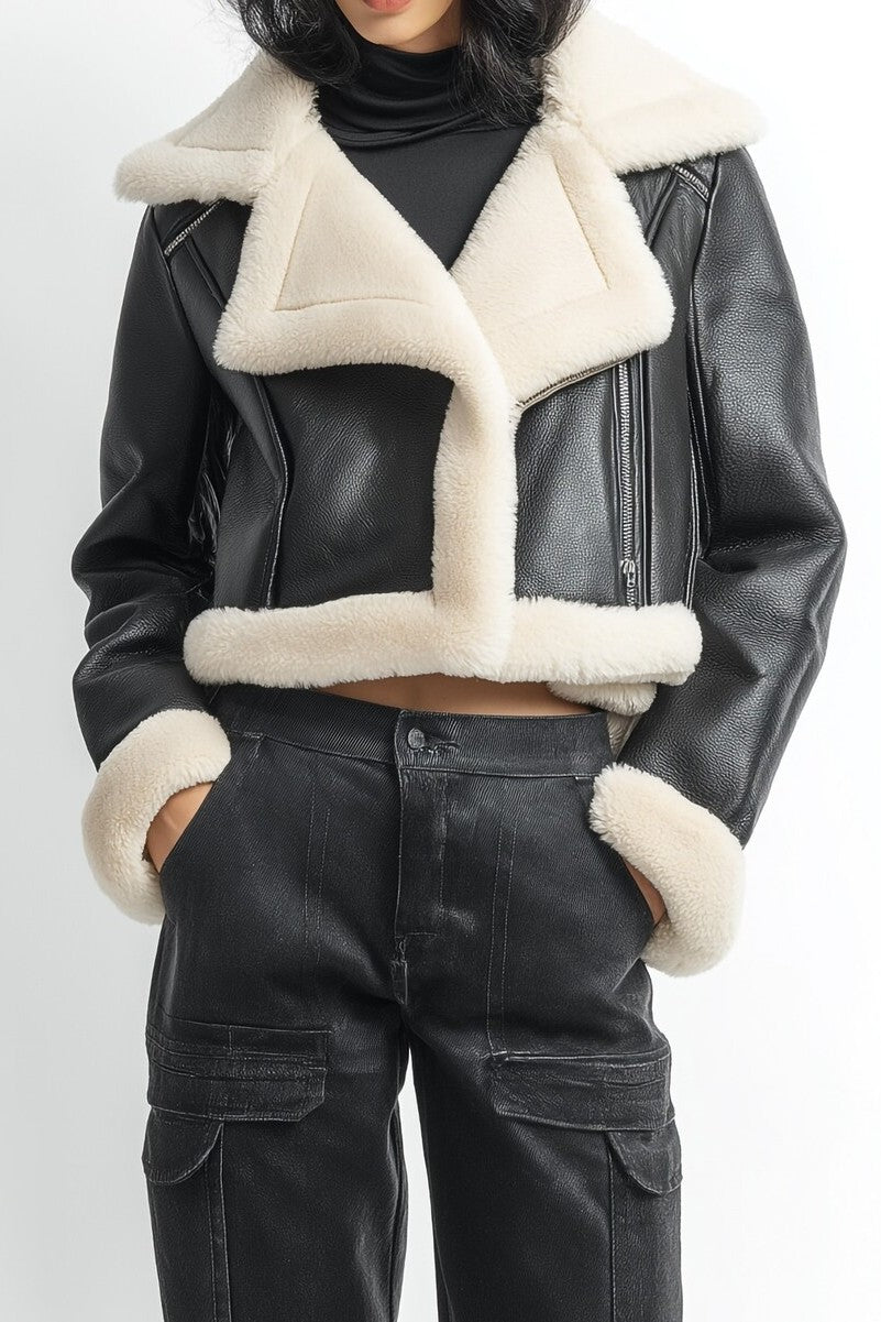 Cropped Faux Leather & Shearling Moto Jacket | Forever 21 Women