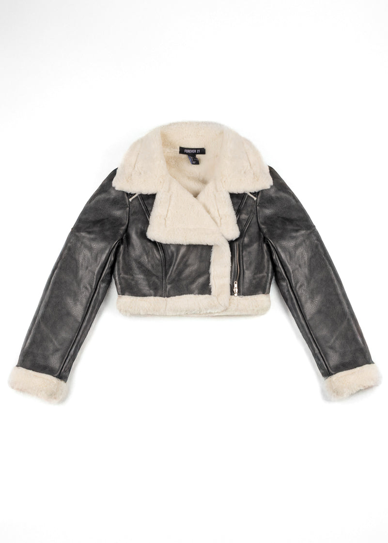 Cropped Faux Leather & Shearling Moto Jacket | Forever 21 Women