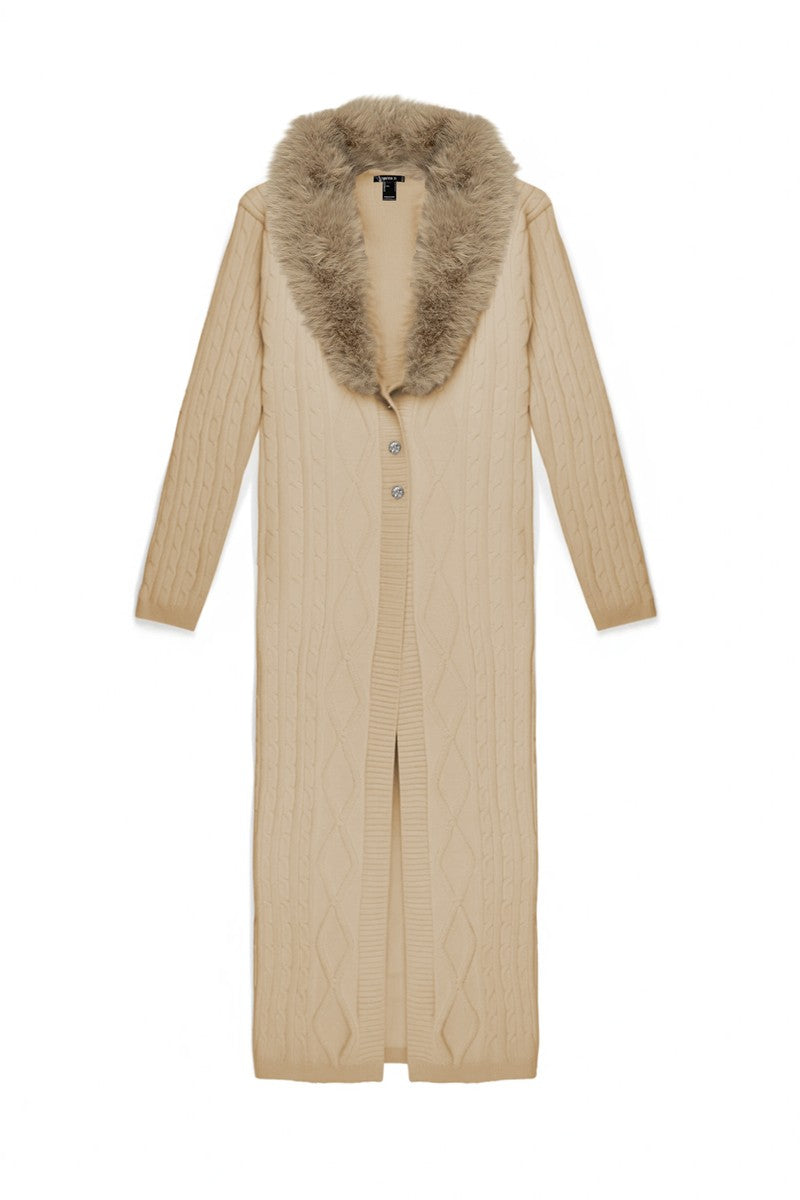 Faux Fur-Collar Cable Knit Longline Cardigan | Forever 21 Women