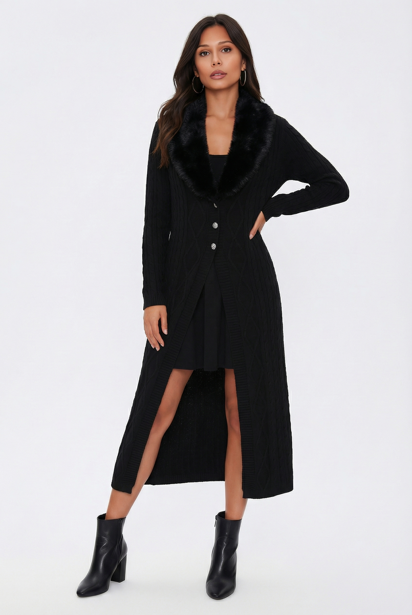 Faux Fur-Collar Cable Knit Longline Cardigan | Forever 21 Women
