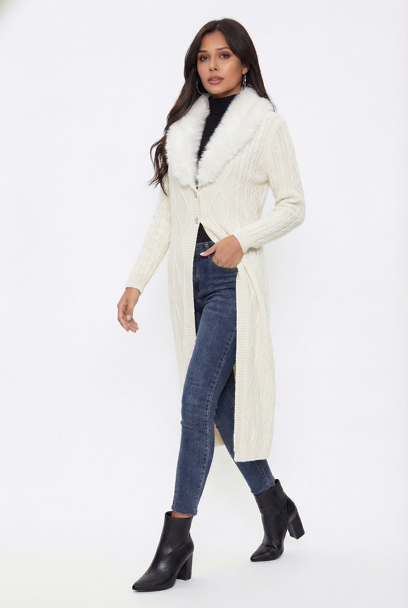 Faux Fur-Collar Cable Knit Longline Cardigan | Forever 21 Women