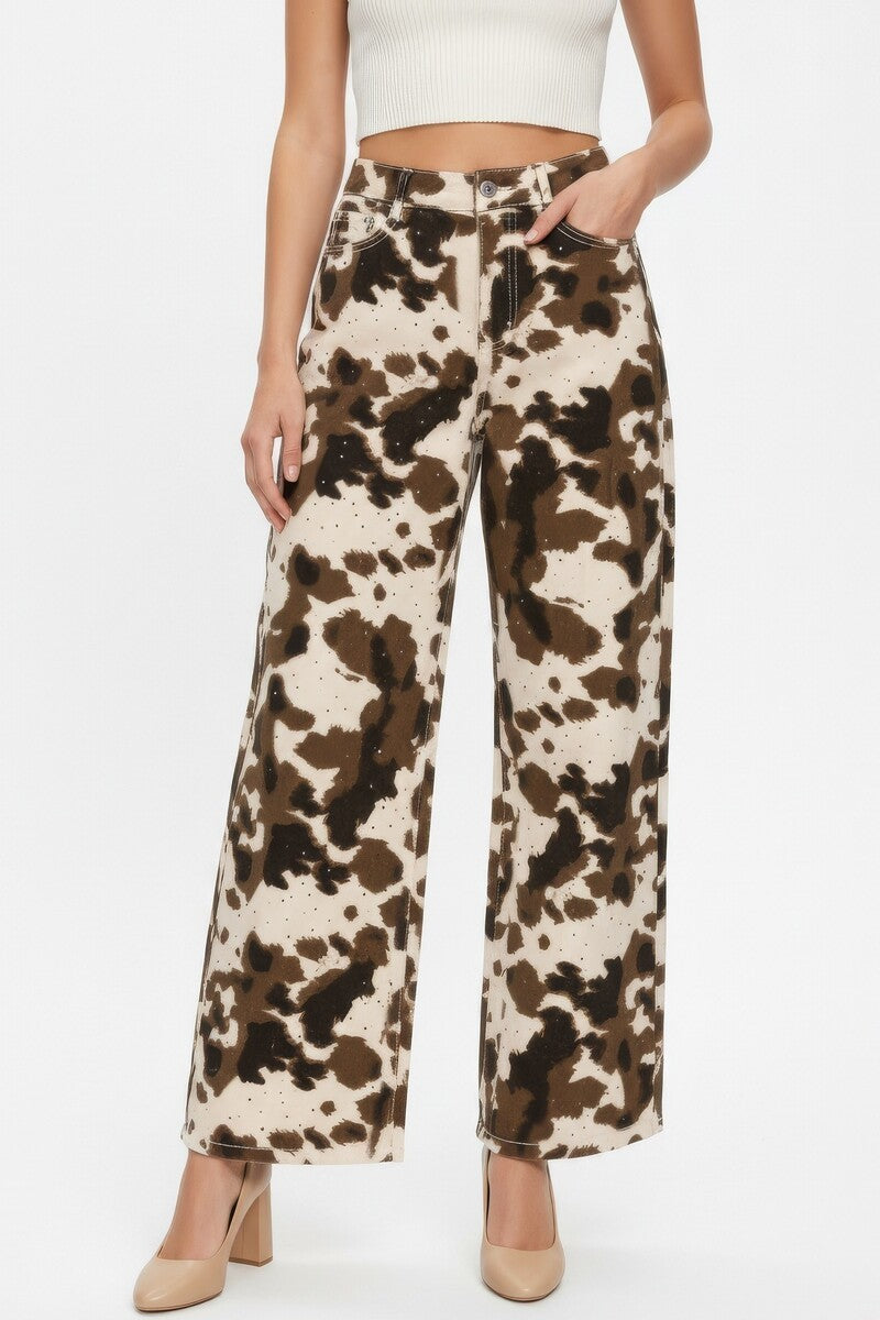 Cow Print Rhinestone Wide-Leg Jeans | Forever 21 Women