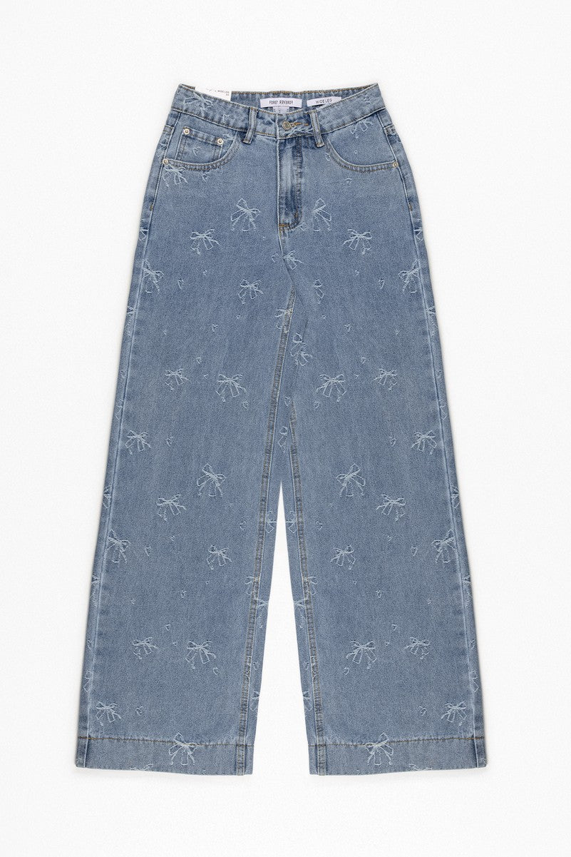 Embroidered Bow Print Wide-Leg Jeans | Forever 21 Women