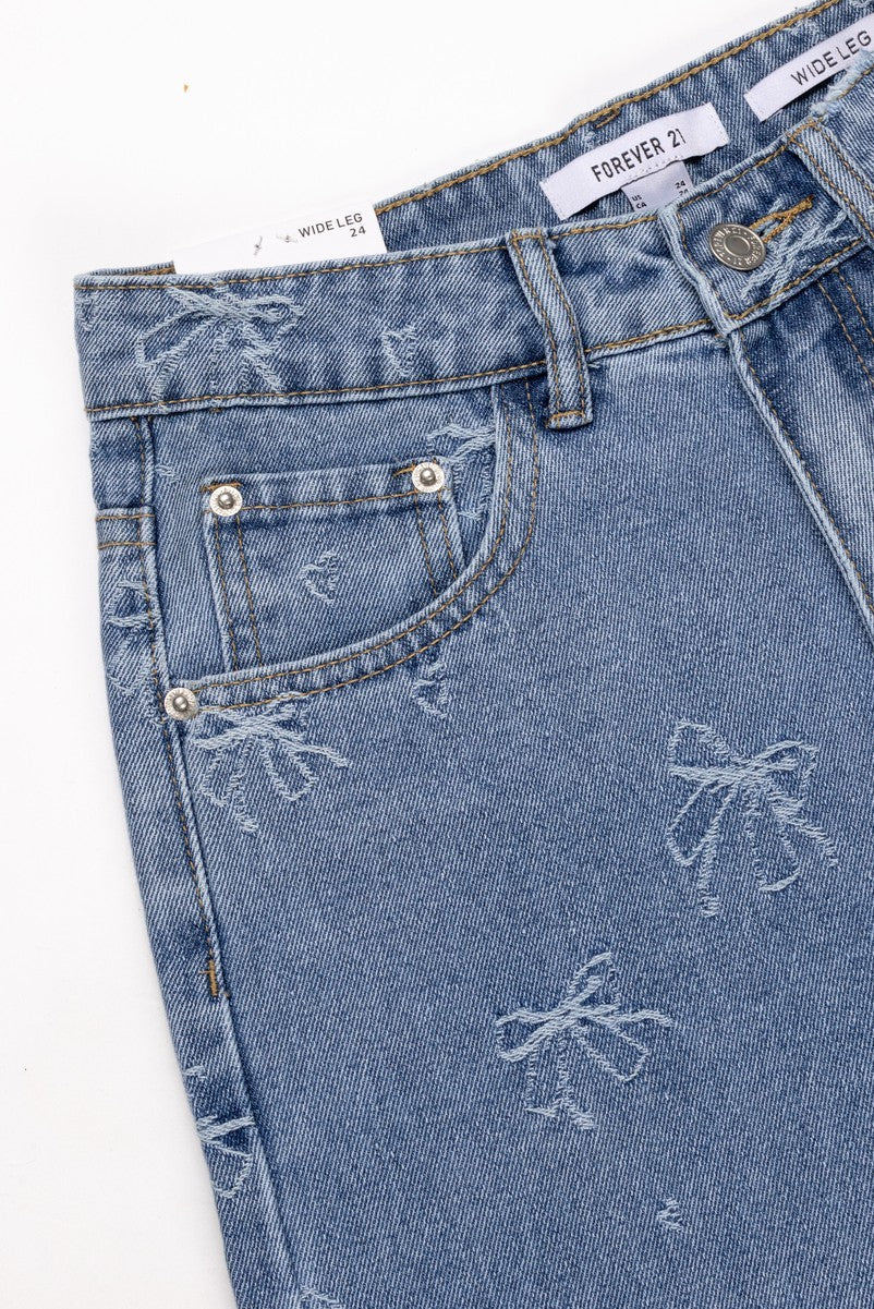 Embroidered Bow Print Wide-Leg Jeans | Forever 21 Women