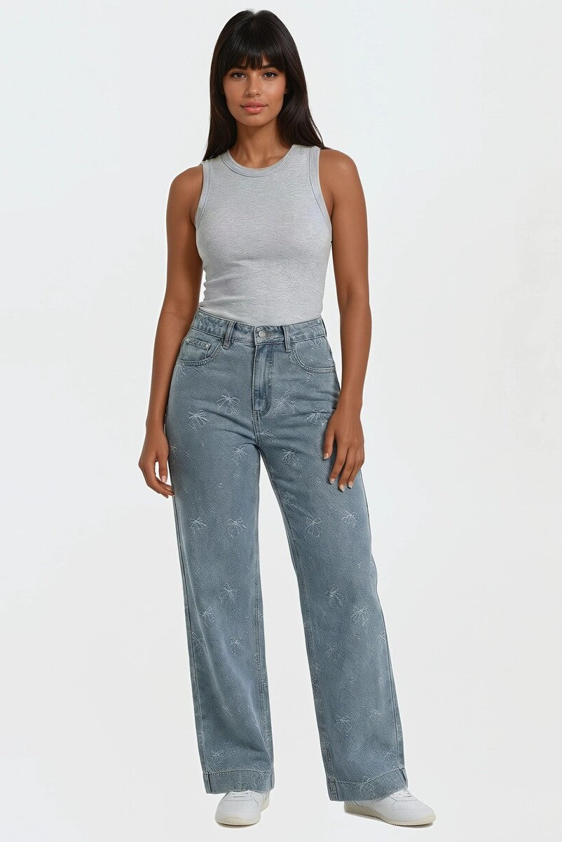 Embroidered Bow Print Wide-Leg Jeans | Forever 21 Women