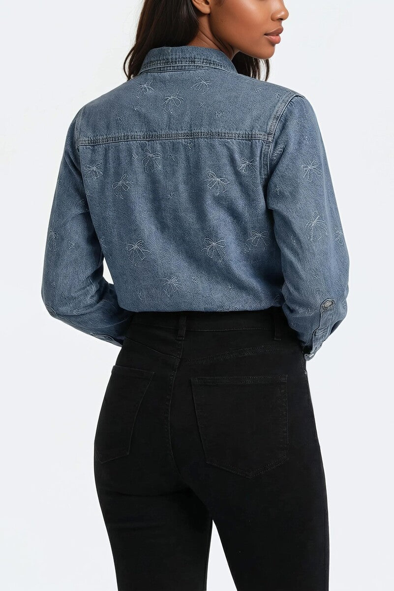 Embroidered Bow Print Oversized Denim Shirt | Forever 21 Women