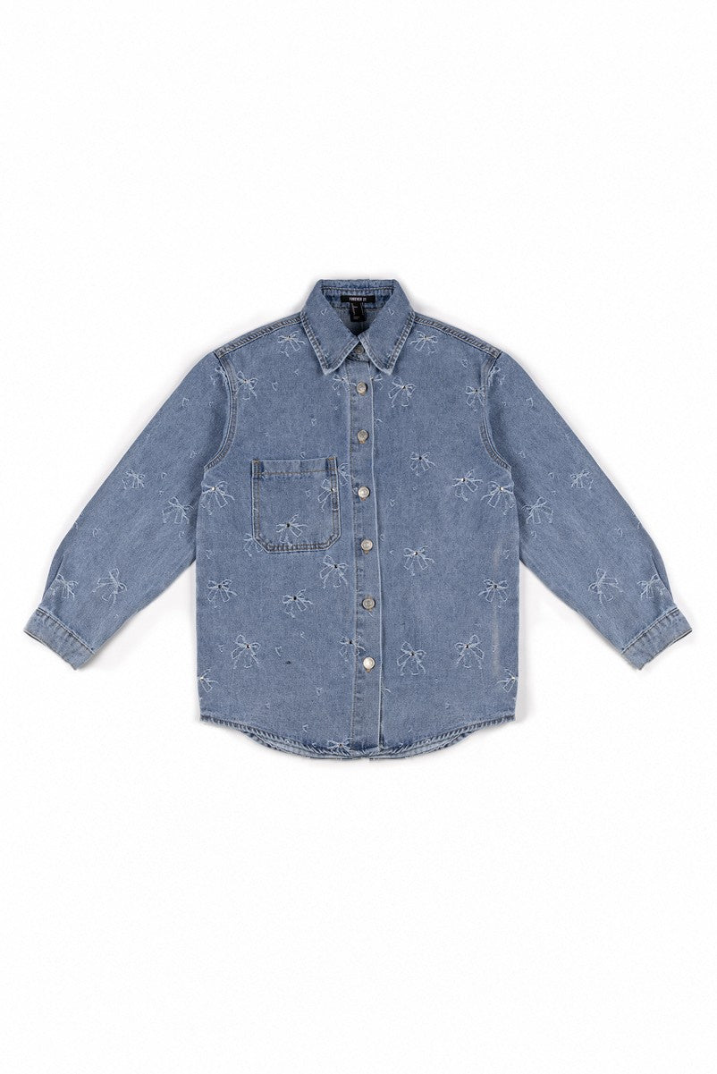Embroidered Bow Print Oversized Denim Shirt | Forever 21 Women