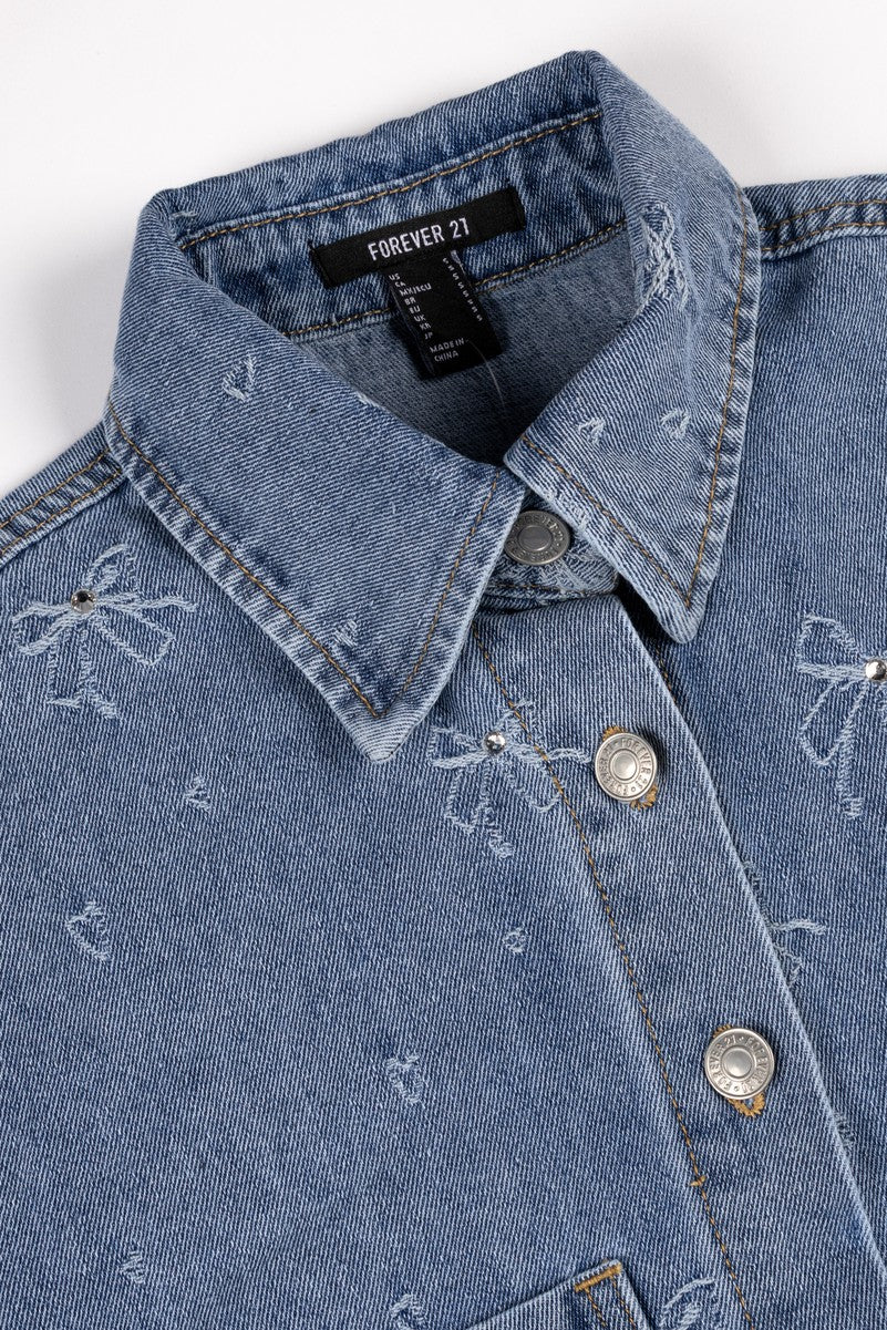 Embroidered Bow Print Oversized Denim Shirt | Forever 21 Women