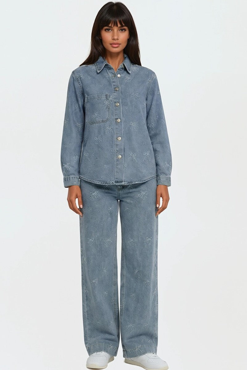 Embroidered Bow Print Oversized Denim Shirt | Forever 21 Women