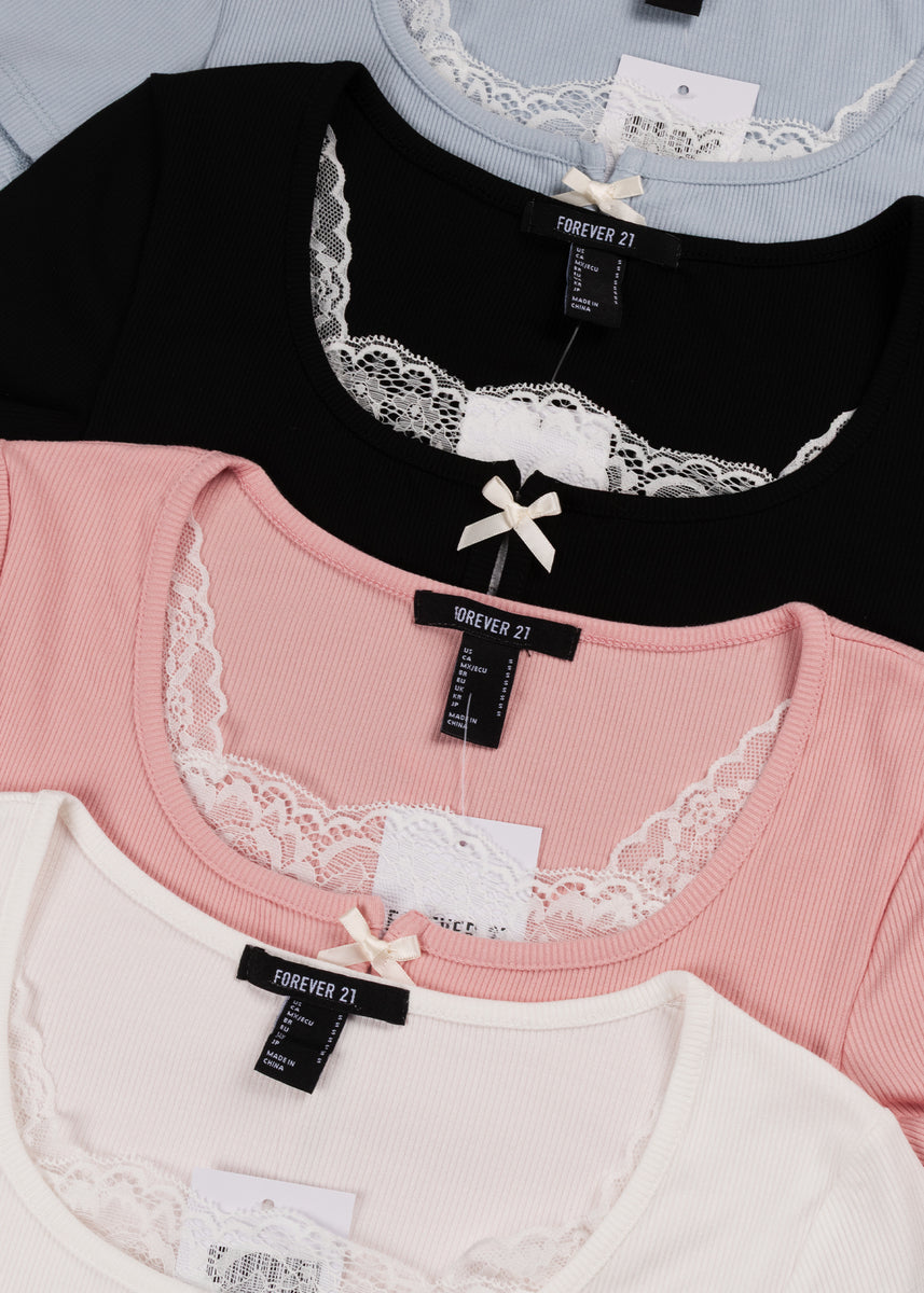 Ribbed Lace-Trim Bow Top | Forever 21 Women