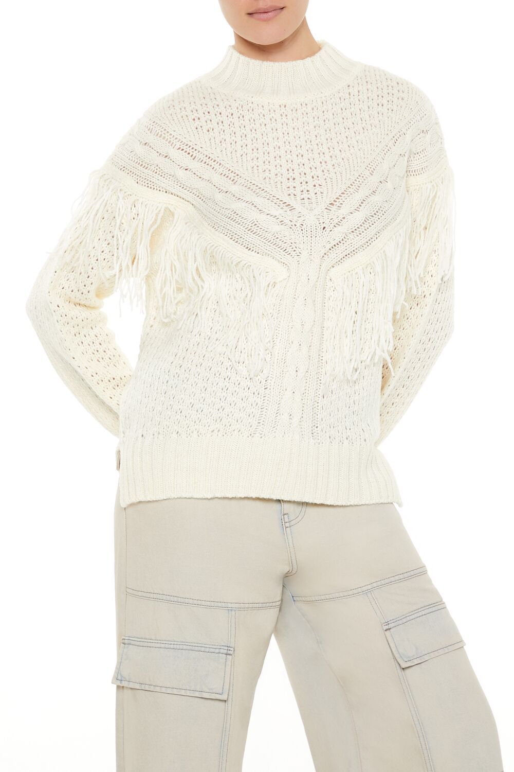 Fringe-Trim Mock Neck Sweater | Forever 21 Women