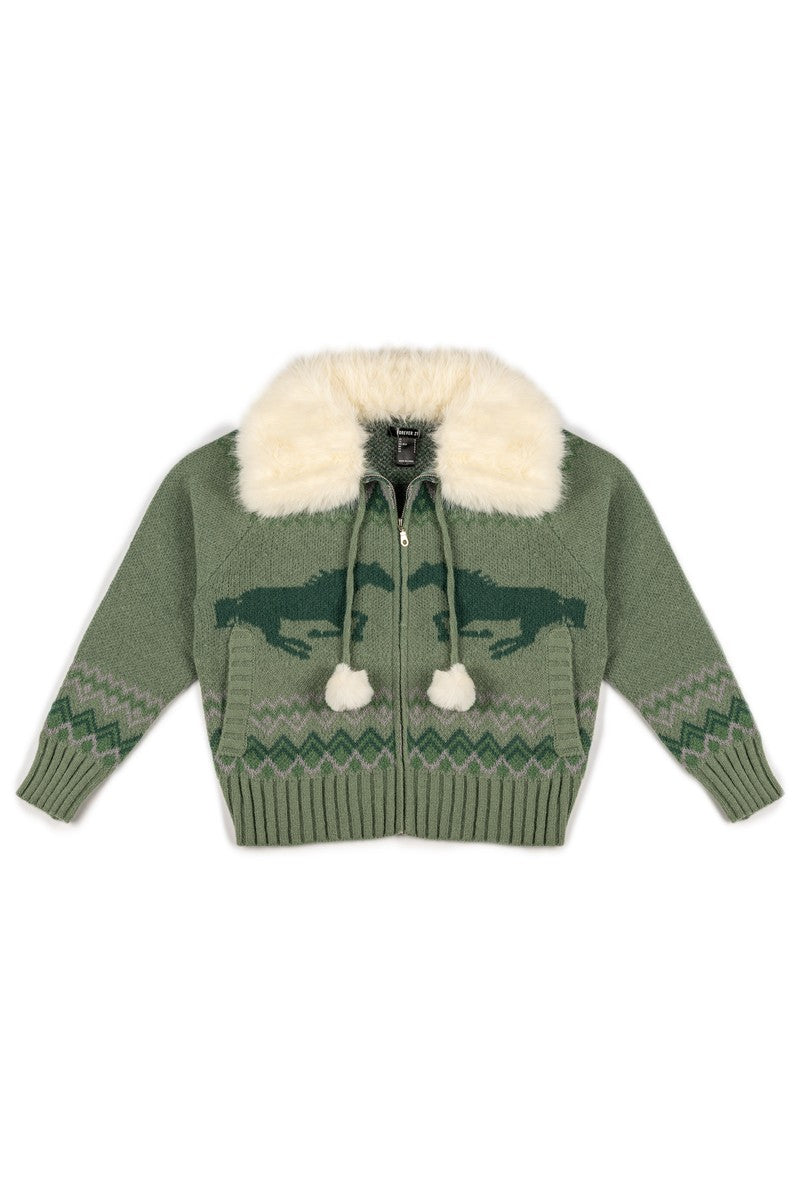 Horse Print Pom-Pom Zip-Up Sweater | Forever 21 Women