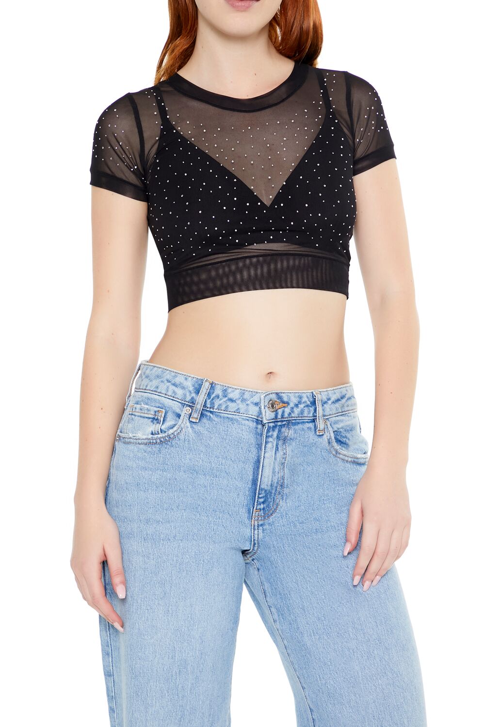 Cropped Mesh Rhinestone Tee | Forever 21 Women