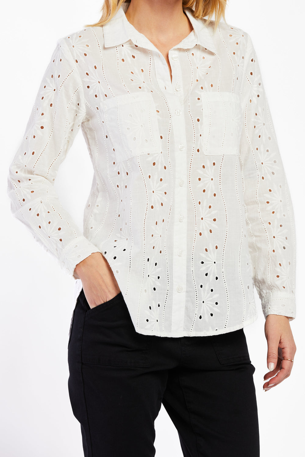 Anise Long Sleeve Eyelet Button Down Shirt | Forever 21 Women
