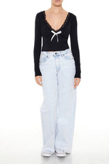 Lace-Trim Plunging Bow Crop Top | Forever 21 Women