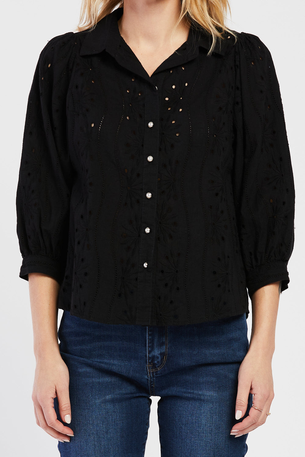 Teehan 3/4 Puff Sleeve Button Down Eyelet Shirt | Forever 21 Women