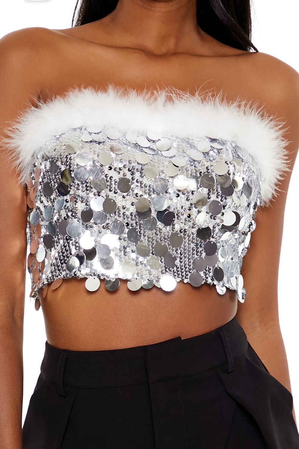 Sequin Faux Feather-Trim Tube Top | Forever 21 Women