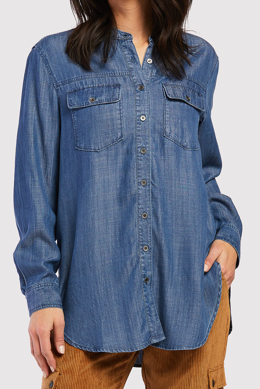 Nanette Long Sleeve Button Down Madarin Collar Double Button Flap Ches | Forever 21 Women