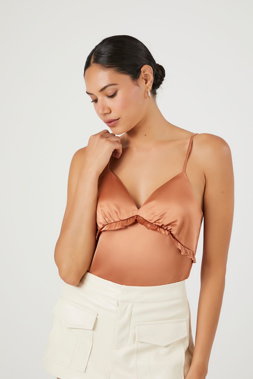 Satin Ruffle-Trim Bodysuit | Forever 21 Women