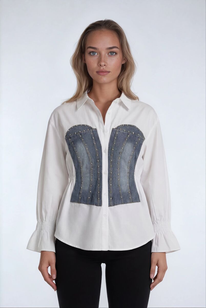 Poplin Faux Denim Corset Shirt | Forever 21 Women