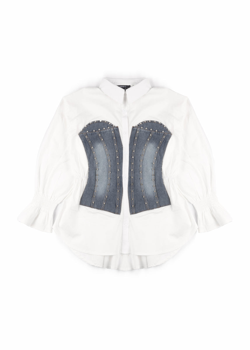 Poplin Faux Denim Corset Shirt | Forever 21 Women