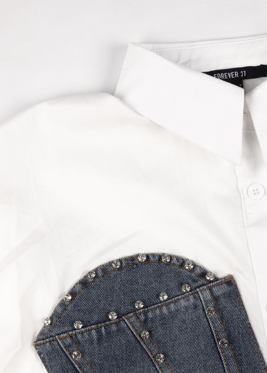Poplin Faux Denim Corset Shirt | Forever 21 Women