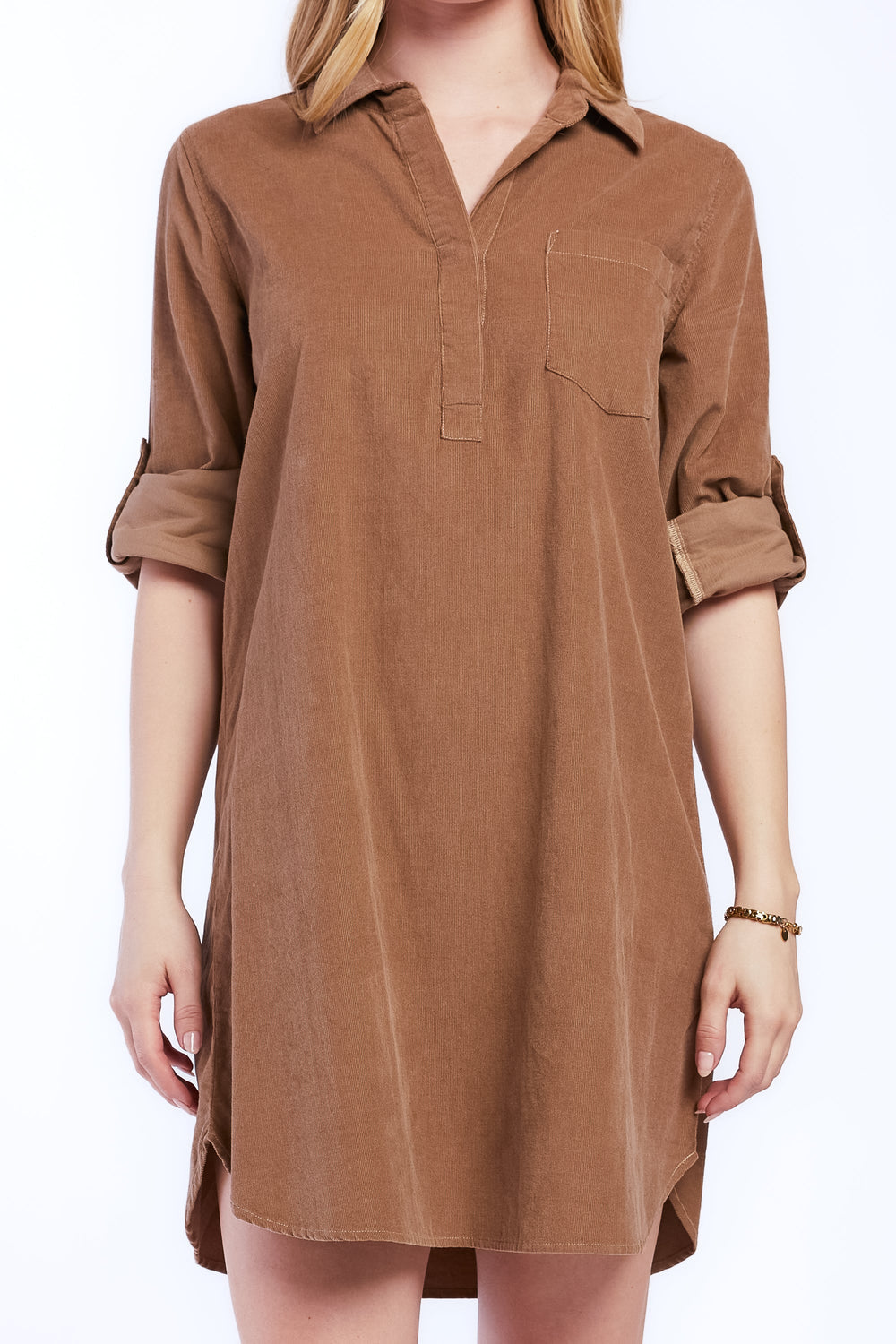 Lizbeth Rolled Tab Sleeve Pop Over Shift Dress Split Neck With 2 Butto | Forever 21 Women