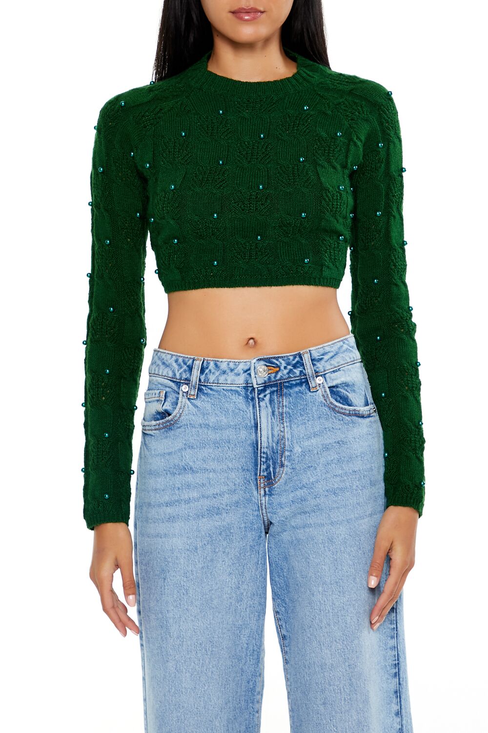 Beaded Cropped Cable Knit Sweater | Forever 21 Women