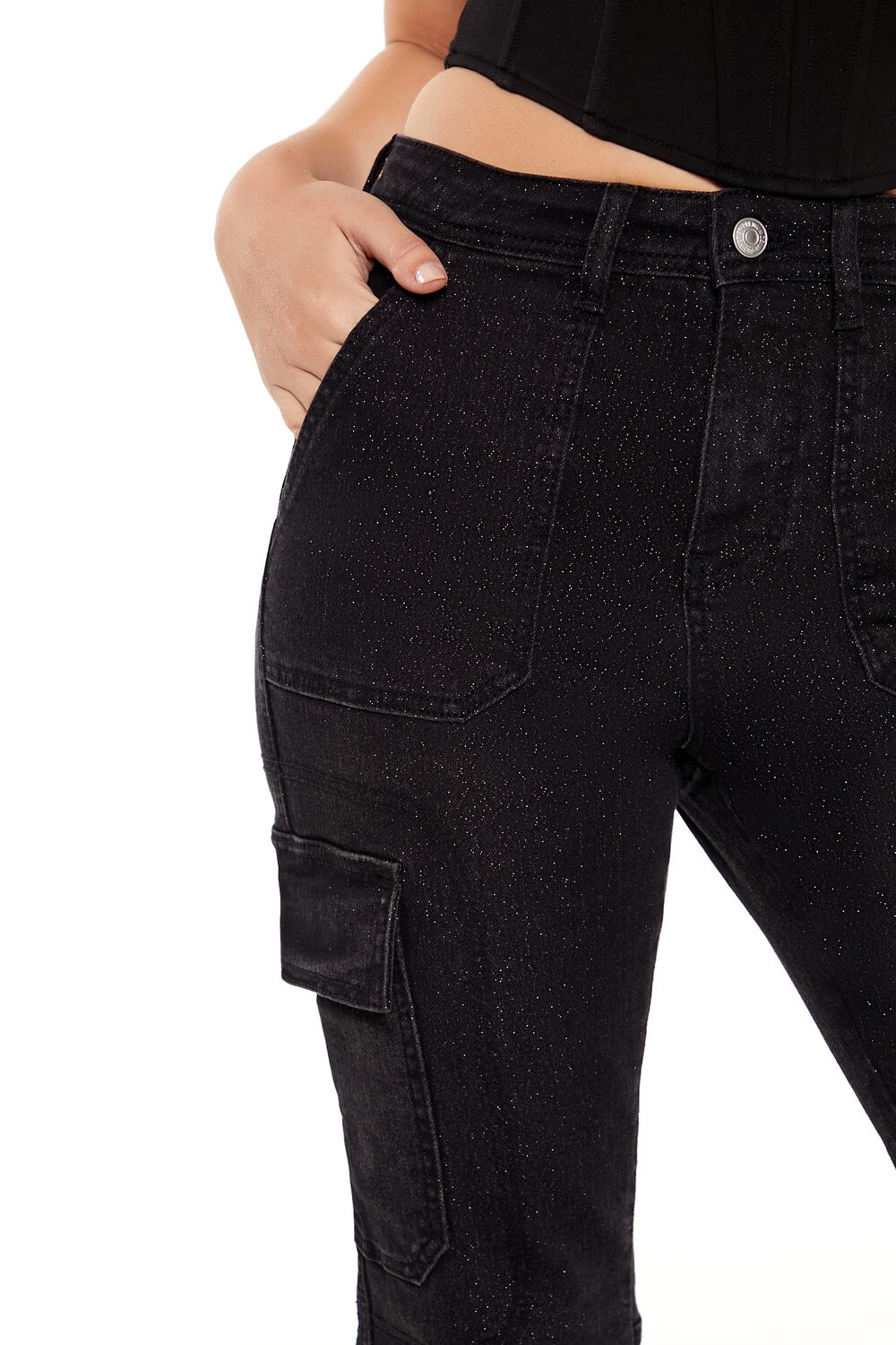 Metallic Sequin Flare Cargo Jeans | Forever 21 Women