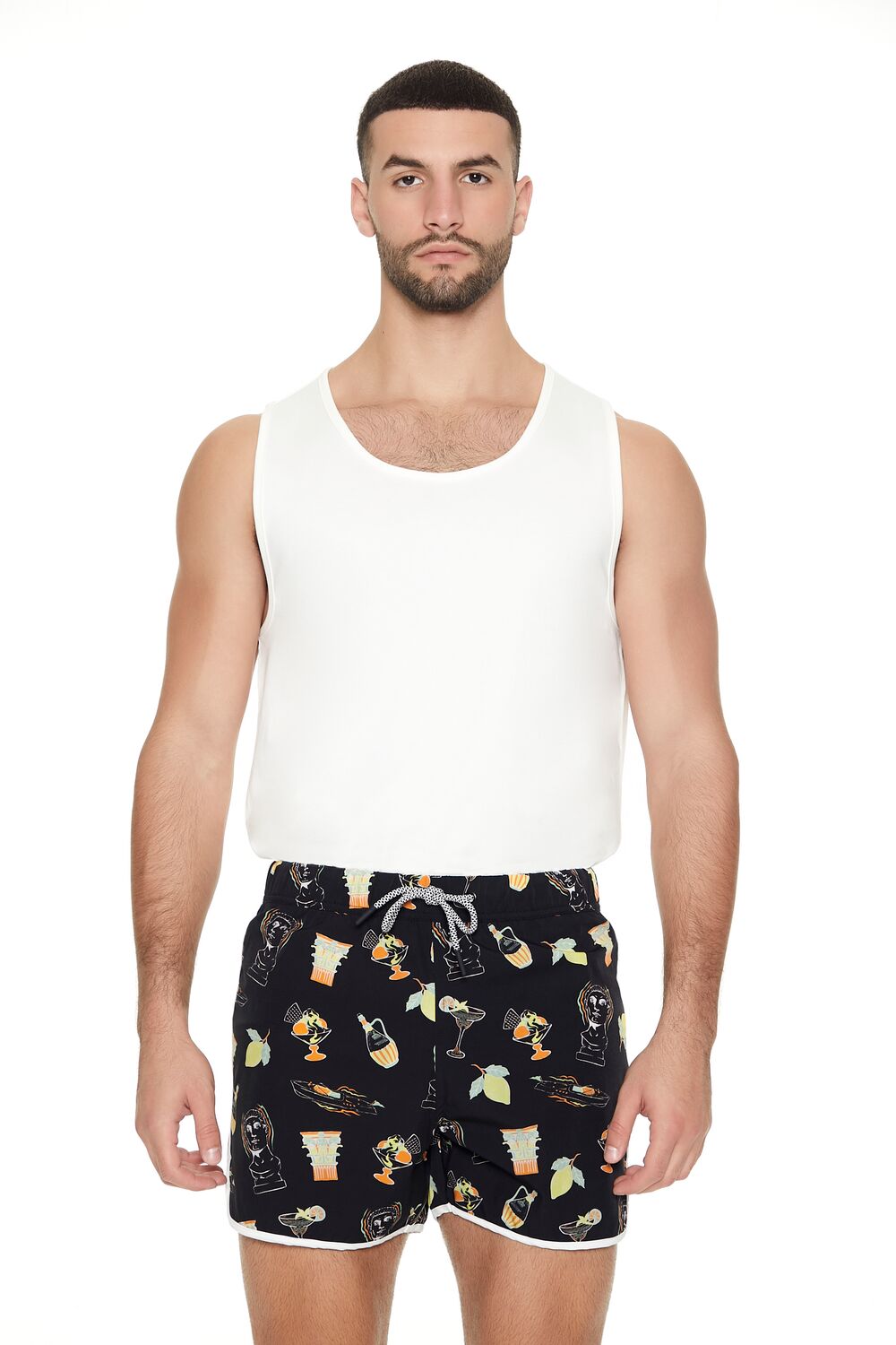 Short Inseam Drink Print Swim Trunks | Forever 21 Men