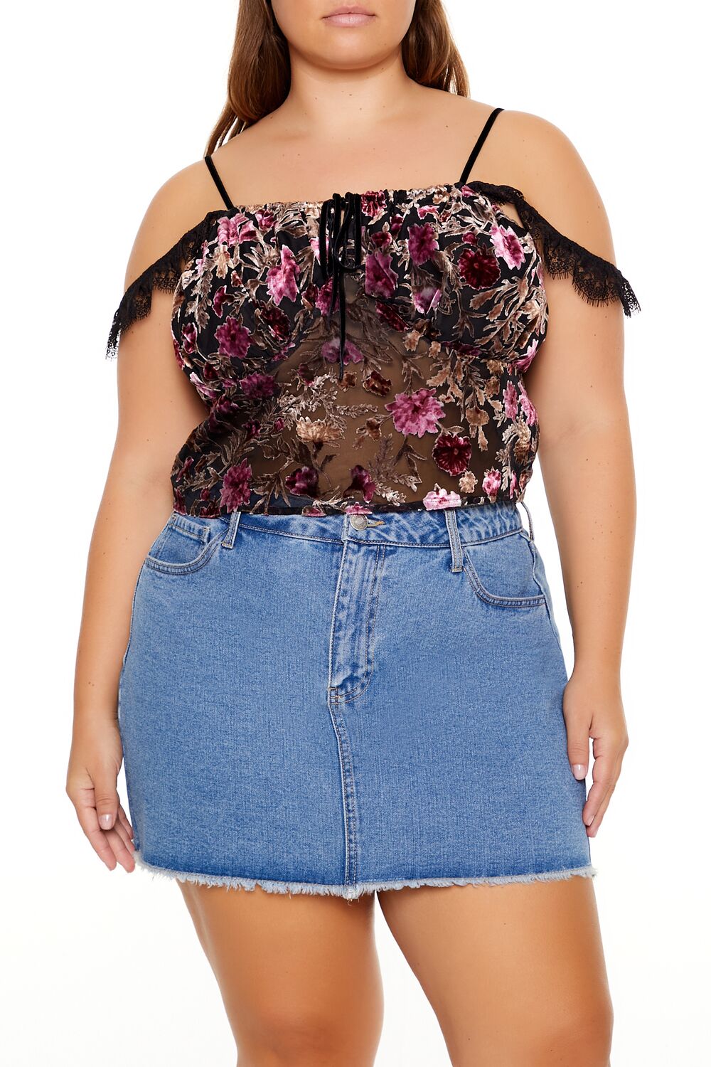 Plus Size Eyelash Lace-Trim Floral Crop Top | Forever 21 US