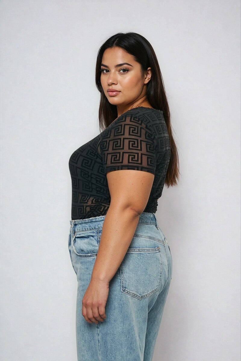 Plus Size Geometric Pattern Mesh Bodysuit | Forever 21 US